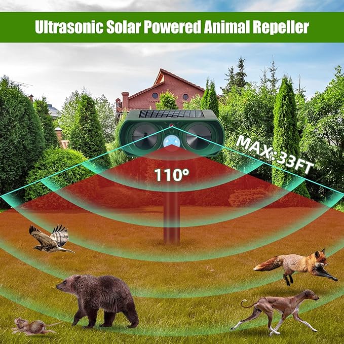 2026 Upgraded Cat Repellent Outdoor Ultrasonic Solar Animal Repeller Squirrel Deer Repellent with Motion Sensor Racoon Fortress Pro Animal Deterrent Devices for Dog Rabbit Skunk Repellent for Yard