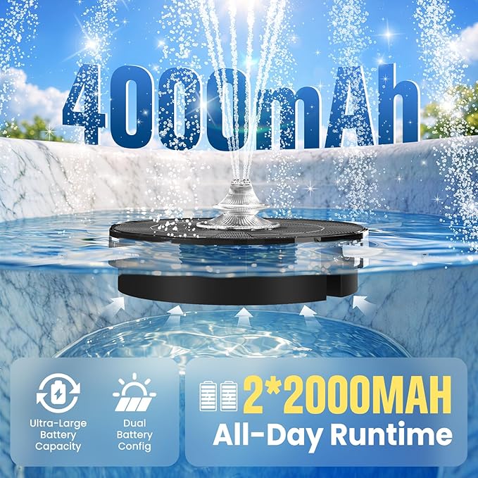 4000mAh Solar Fountain,2026 Solar Bird Bath Fountain Pump,3 Spray Solar Powered Water Fountain with Lights,Floating Birdbath Fountain Kit,DIY Water Bird Bath Fountain for Outdoor,Garden,Pond-White