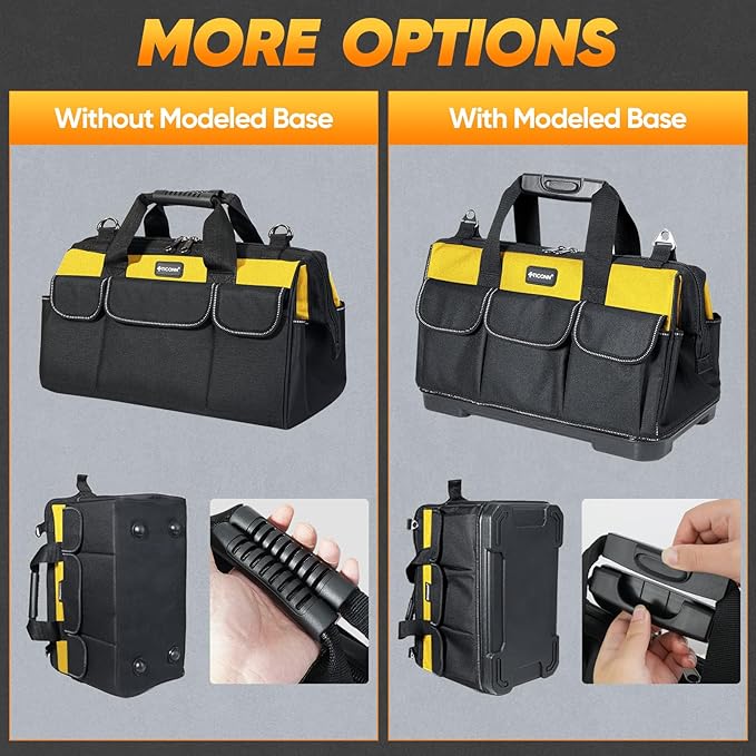 TICONN Tool Bag with Multi-Pockets Wide Mouth Tool Tote with Safety Reflective Straps, Adjustable Shoulder Strap and Ergonomic Handle (Yellow, 16" Standard Base)