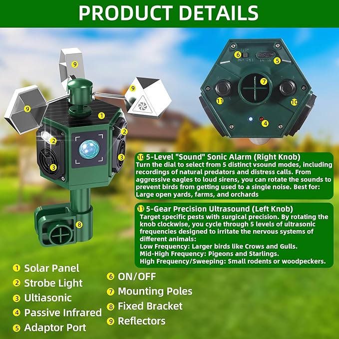 Upgraded Solar Ultrasonic Bird Repellent Outdoor Woodpecker Deterrent for House with Motion Sensor & Flash Light & Reflectors to Scare Birds Away Waterproof Goose Pigeon Repellent for Garden Balcony