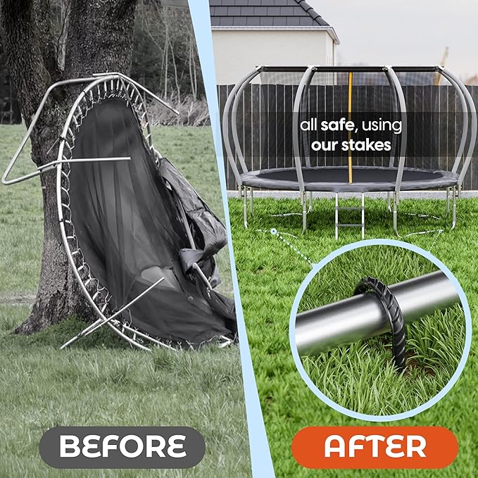 Happin® Trampoline Stakes, Trampoline Accessories, Ground Stakes Heavy Duty, Ground Anchors Screw in, Rebar Stakes, Tent Anchors, Yard Spikes, Galvanized Steel (8 Pack, Black)