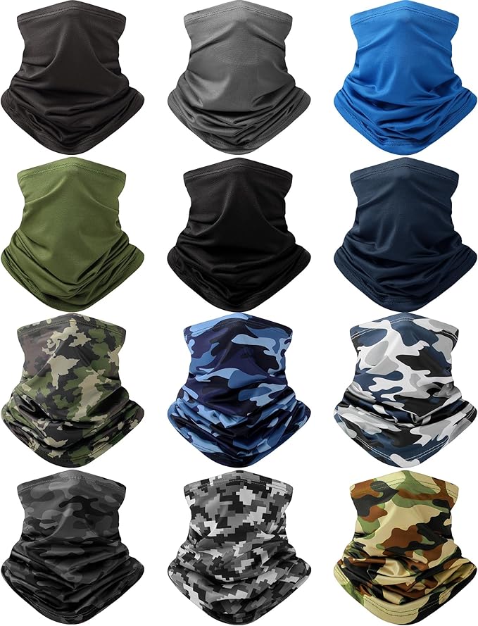 Cuffbow 12 Pack Neck Gaiters Face Mask Bandana Balaclava for Men Women Cooling Neck Gaiter Summer UV Sun Protection Scarf