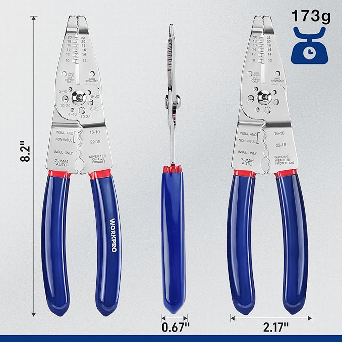 WORKPRO Wire Strippers Cutter, 8-inch Long Nose Wire Stripping Tool, Stainless Steel Wire Crimping Tools & Pliers, Multi-Function Hand Tool, Cuts 10-22 AWG