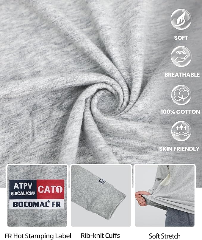 BOCOMAL FR Shirts for Summer Vented Mesh Loose Fit 4oz EX Lightweight Flame Resistant Base Layer CAT1 Crew Shirt