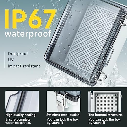 Waterproof Outdoor Project ABS Plastic Junction Box，IP67 Waterproof Clear Enclosure Boxes for Outdoor Garden with Hinged Cover, Mounting Plate, Wall Brackets, Cable Glands (Clear, 5.9"x5.9"x3.5")