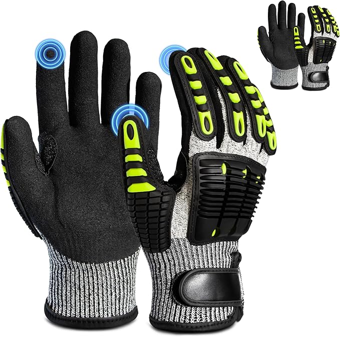 Impact Reducing Work Gloves for Men - ANSI Cut Level A5 with TPR Knuckle Guards & Shock Absorption, Nitrile Coated Palm for Maximum Grip, Heavy Duty for Construction, Warehouse, Auto Repair (L)