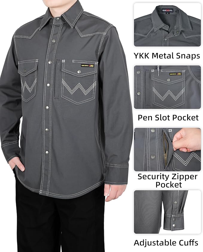 BOCOMAL FR Welding Shirts Heavyweight Stretch Canvas Snaps Down Reinforced Stitching Western Style Fire Resistant Jackets
