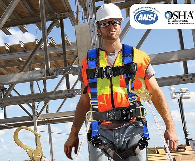 TRSMIMA Safety Harness Fall Protection - Roofing Harness Kit Men Full Body Construction Harness with Lanyard for Work Upgrade 4 Quick Buckles