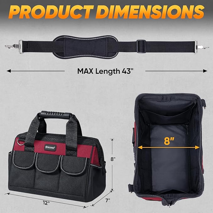 TICONN Heavy Duty Tool Bag with Multi-Pockets, Portable Tool Box Organizer Storage Bag, with Adjustable Shoulder Strap and Ergonomic Handle (Red, 12" Standard Base)