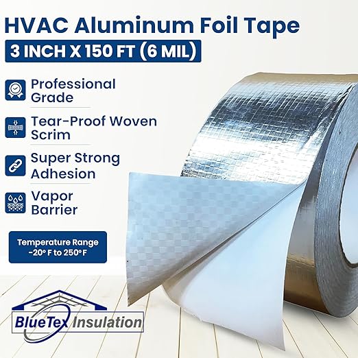 BlueTex Insulationㅤ HVAC Aluminum Foil Tape 3 inch x 150 ft (6 mil), Professional Grade Silver Duct Tape Metallic, Tear-Proof HVAC Tape, Heavy Duty, for Ductwork, Dryer Vent & Insulation - 1 Roll