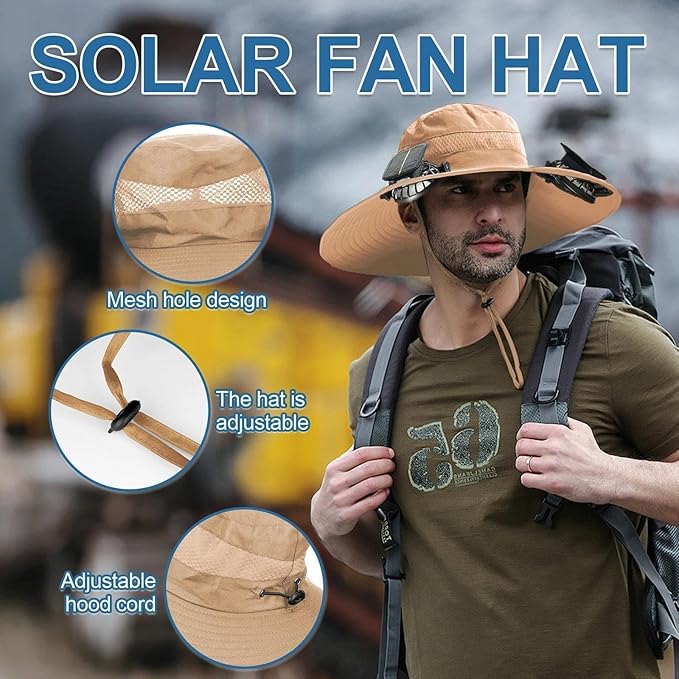 Wide Brim Solar Fan Outdoor Fishing Hat, 2 Solar Fan Hats for Men, Hat with Solar Fans Built in, Fishing Hat with Fan for Men