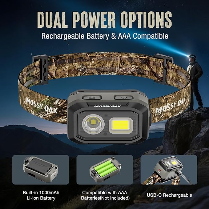 Mossy Oak 600 Lumens LED Headlamp, Dual Power Source, Motion Sensor Head Lamp with Magnetic Base, Stepless Dimming, Memory Mode for Camping, Running, Hiking, Valentine's Day