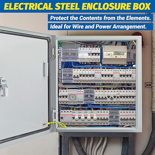 Electrical Box 12 x 12 x 8'' Steel Electrical Junction Box，NEMA 4X Steel Enclosure Box，Indoor&Outdoor Electrical Box Waterproof & Dustproof，Wall Mounted Universal，with Lock & Mounting Plate
