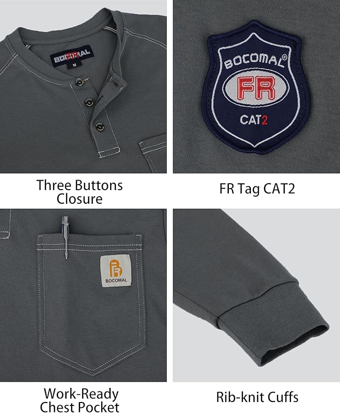 BOCOMAL Men's FR Henley Shirt Flame Resistant 5.5oz Cotton Long Sleeve Workwear UL NFPA2112 CAT2 Welding Tee