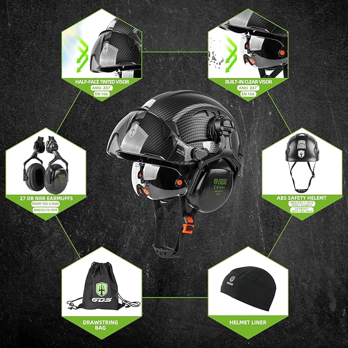 GREEN DEVIL Hard Hat Safety Helmet with Visor and Ear Muffs Men Women Vented Work Hardhat ANSI Z89.1 Cascos De Construccion for Industrial Construction Forestry
