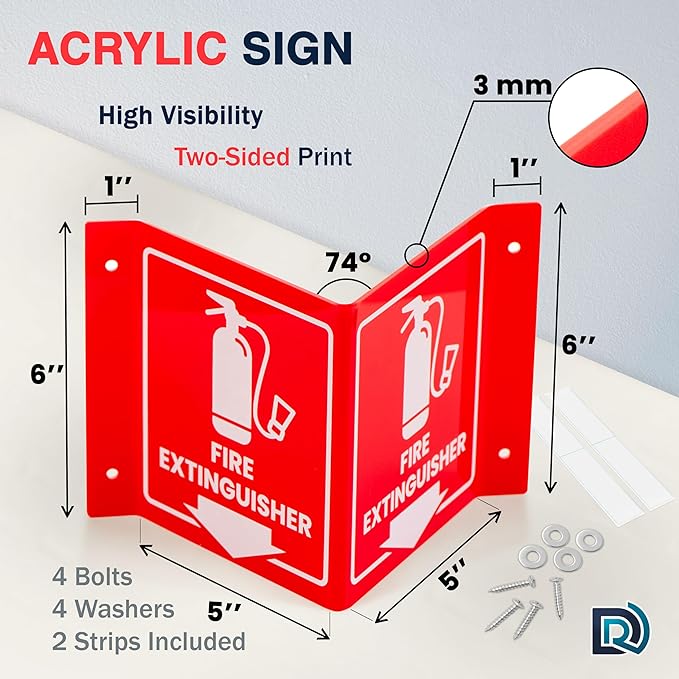 Fire Extinguisher Sign, 6 Inch Fire Extinguisher Two-Sided Acrylic Projecting V-Sign with Down Arrow, Including Screws