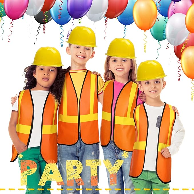 SATINIOR 24 Pcs Construction Birthday Party Supplies Kid Construction Hat and Vest Worker Costume Kids Role Play Dressing up