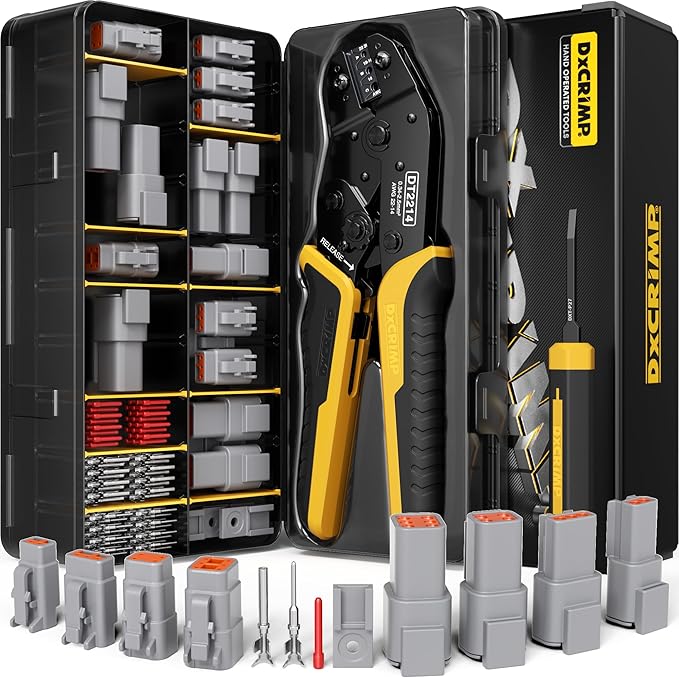 DTM Deutsch Series Connector Crimping Tool Kit, 2/3/4/6 Pin Miniature Waterproof Connectors, Size 20 Contacts (22-16 AWG), Ratcheting Crimper & Removal Tool for Sensors ECU, Fits Deutsch DTM