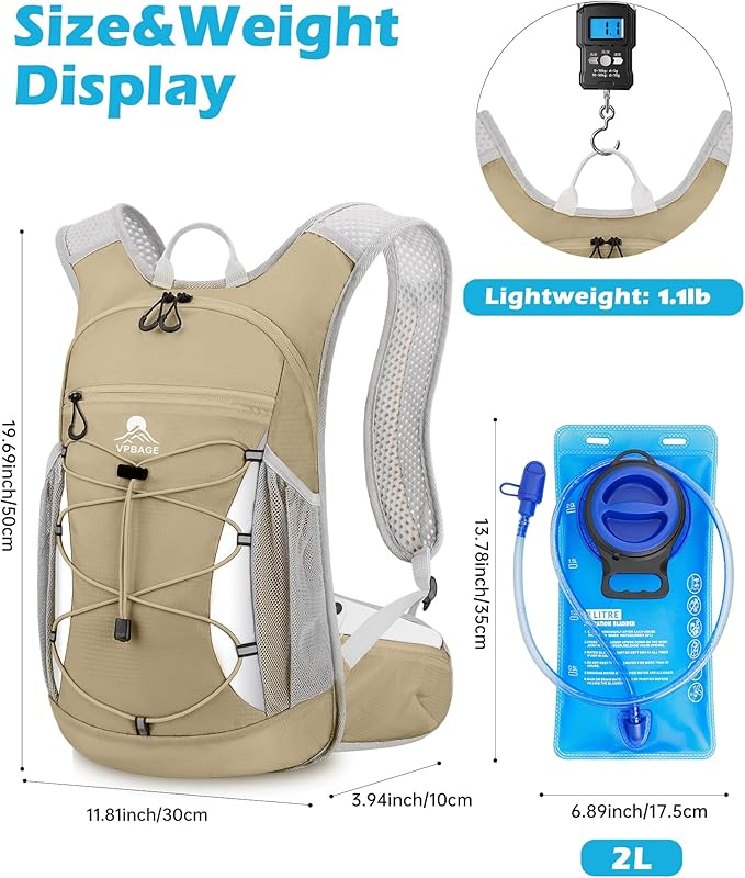 Hydration Backpack with 2L Water Bladder - Lightweight 15L Daypack with Phone-Sized Hip Belt Pockets, Anti-Chafe Cotton Edging & No-Bounce Straps - Small Water Backpack for Hiking, Running, Skiing