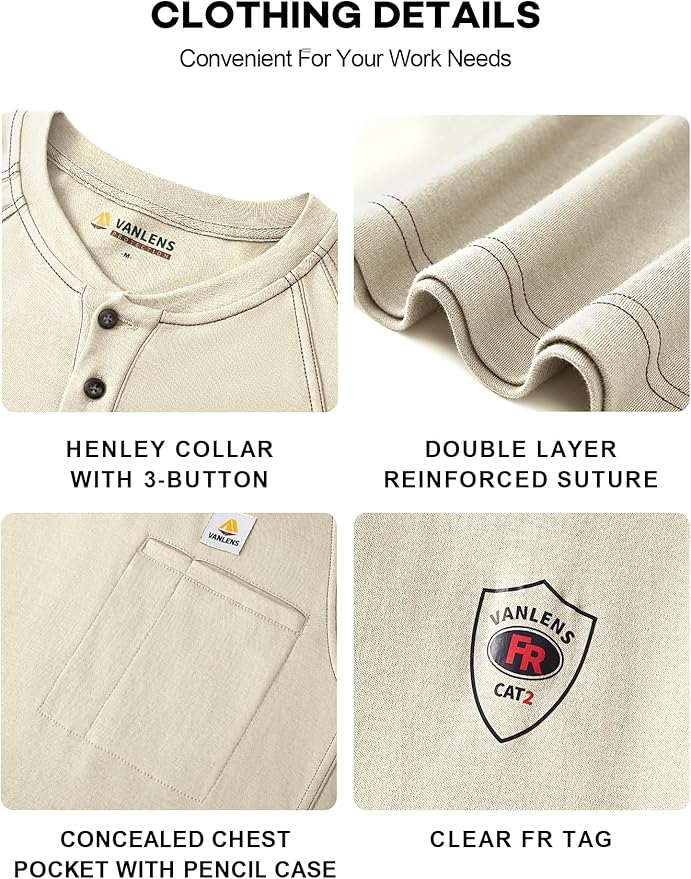 FR Shirts for Men Light Weight Flame Resistant Henley Shirts Long Sleeve Shirts HRC2/CAT2 6.5oz 100% Cotton