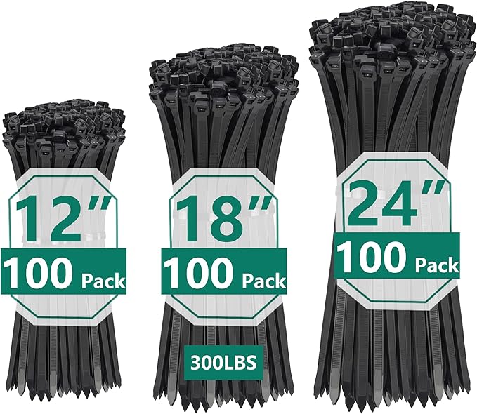 Zip Ties Assorted Sizes 300 Pack,12+14+18 Inch, 300LBS Tensile Strength Heavy Duty Self-locking Nylon Black Cable ties for Indoor Outdoor