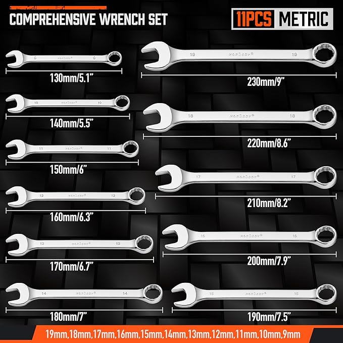 HORUSDY 22-Piece Wrench Set | Metric & SAE Combination Wrench Set with Organizer | 12 Point | Chrome Vanadium Steel