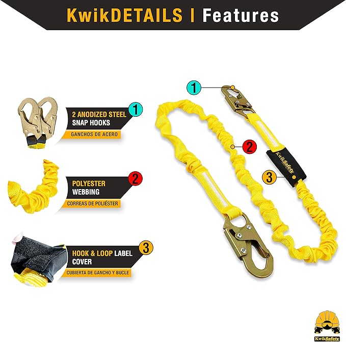 KwikSafety - Charlotte, NC - Rattler [2 Pack] Internal Shock Absorber Single Leg 6ft Safety Lanyard OSHA ANSI Fall Arrest Protection Equipment Snap Hooks Construction Arborist Roofing