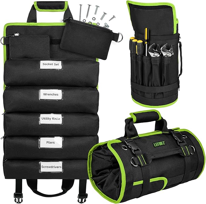 Tool Bag,Large Roll Up Tool Bag Organizer,13 Pockets Tool Roll Storage Pouch,Heavy Duty Portable Tool Storage Carrier Bag for Men,Mechanic,Electrician,Valentines Day Gifts for Men,Black/Green