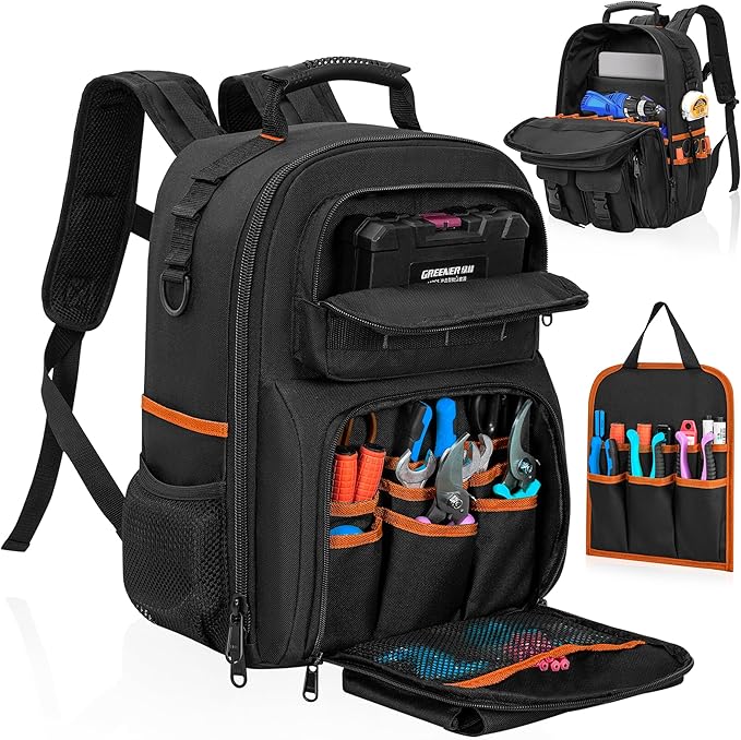Tool Backpack, Heavy Duty Tool Bag with Padded Shoulder and Removable Tool Organizer, Water-Resistant Work Backpack, for Electrician, Plumber, HVAC, Cable Repairman, Black & Orange