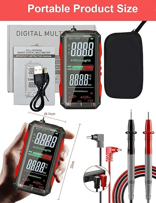 Rechargeable Digital Multimeter 6000 Counts True RMS Smart Tester with 5-Inch Screen, Auto-Range, NCV Detection, Capacitance & Temperature for Home Automotive Industrial Electrical Repairs (Red)