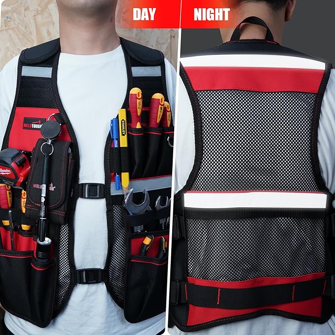 MELOTOUGH Tool Vest for Men Reflective Safety Tool Vest with Adjustable Straps,Removable Phone Holder for Electrical,Carpenters,Construction(Red)