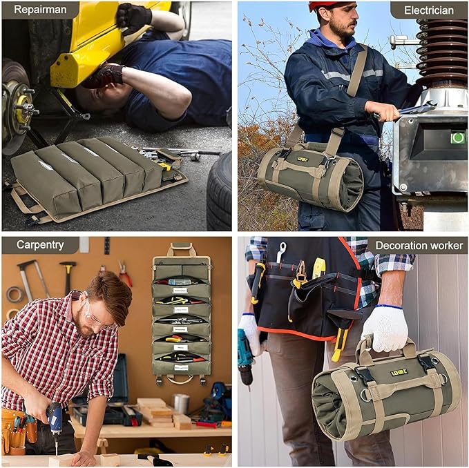Tool Bag,Large Roll Up Tool Bag Organizer,13 Pockets Tool Roll Storage Pouch,Heavy Duty Portable Tool Storage Carrier Bag for Men,Mechanic,Electrician,Valentines Day Gifts for Men,Olive Green