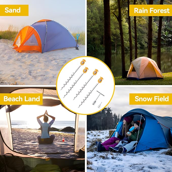 4 PCS Screw in Tent Stakes for Women Men - Ground Anchors for Sand, Canopy, Trampolines, Camping Aluminium Heavy Duty Rust Prevention Pegs Drillable Lightweight Safe - Silvery 14 inch