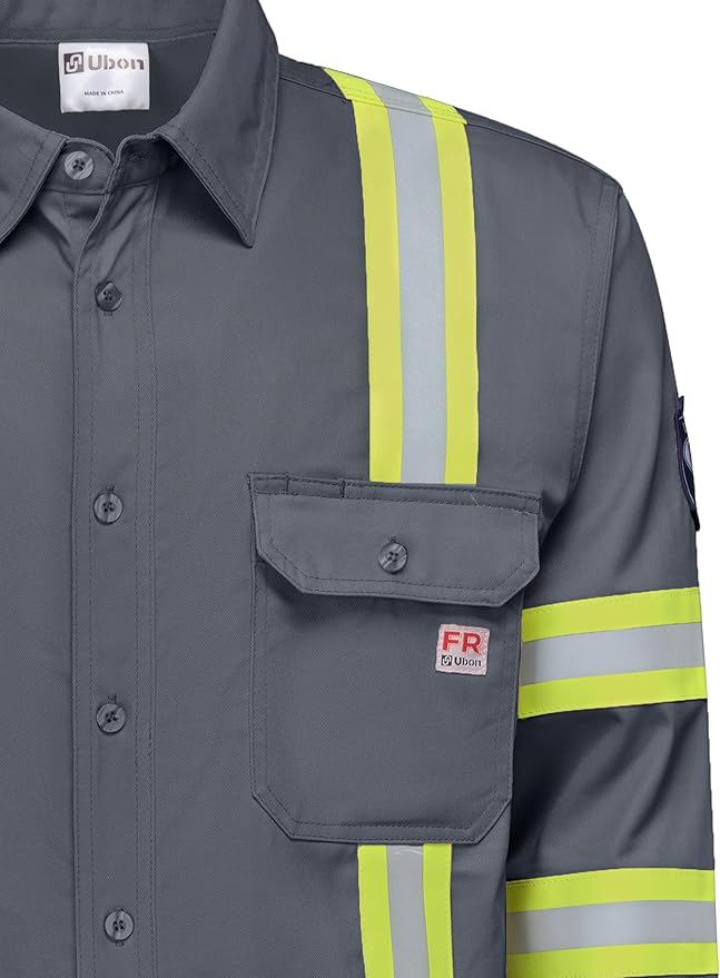 Ubon FR Shirts for Men High Visibility Welding Shirt 100% Cotton Button Down Long Sleeve Safety Workwear 6.5 oz