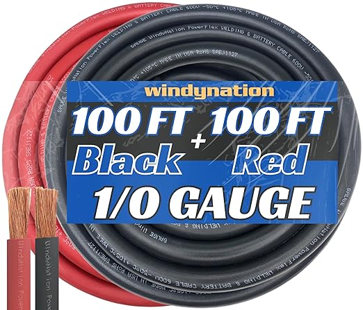 WNI 1/0 Gauge 100 Feet Black 100 Feet Red 1/0 AWG Ultra Flexible Welding Battery Copper Cable Wire - Made in The USA - Car, Inverter, RV, Solar