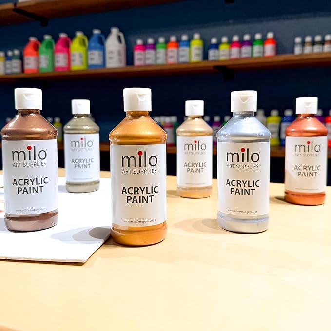 milo Metallic Acrylic Paint Set of 6 Colors | 4 oz Bottles | Student Metallic Colors Acrylics Painting Pack | Made in the USA | Non-Toxic Arts & Crafts Paints for Artists & Hobby Painters
