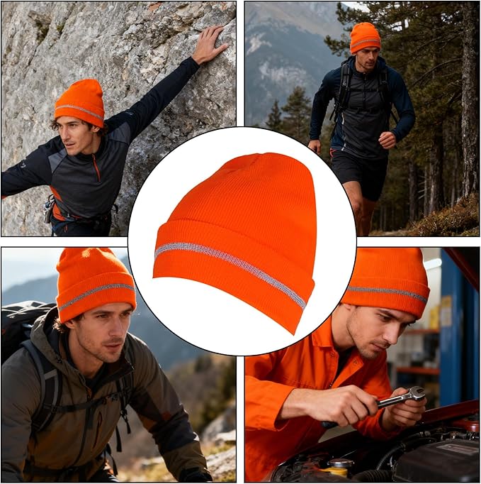 Sucrain 2 PCS Reflective Knit Hat Adult Safety Beanies Hats Warm Winter Knit Caps with Reflective Stripes for Outdoor Work