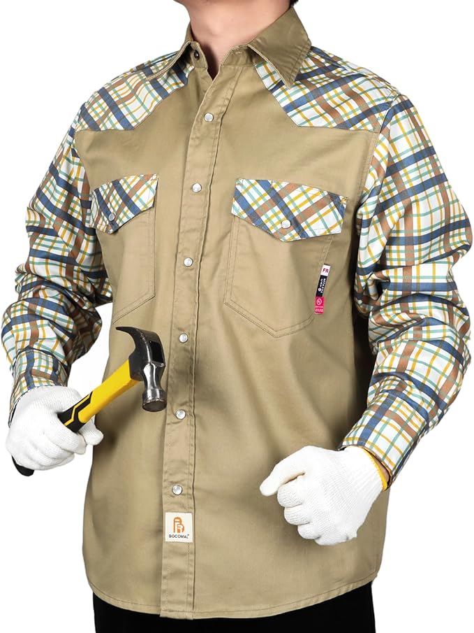BOCOMAL FR Shirts Pearl Snaps Two Tone Plaid/Solid Flame Resistant Cotton Welding Shirt NFPA 2112 CAT 2