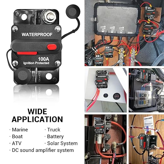 100Amp Circuit Breaker DC 12V-48V for Marine Boat Trolling Motor Automotive RV Trailer Car Solar System Battery Disconnect with Manual Reset Switch, IP67 Waterproof (Pack of 2)