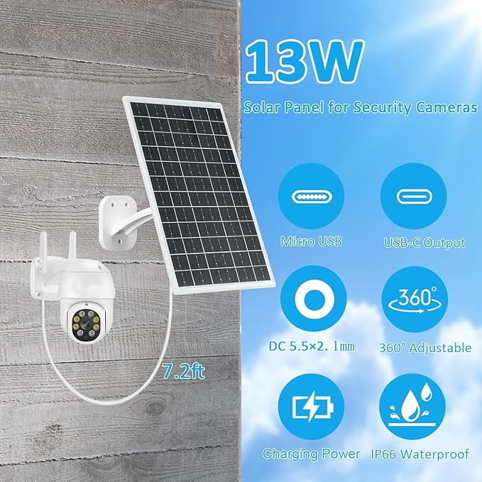 13W Solar Panel for Outdoor Security Cameras, USB-C, Micro USB & 5.5x2.1mm DC Output, 360° Mount, IP66 Waterproof, 7.2FT Cable, Compatible with 5V Battery Powered Cameras