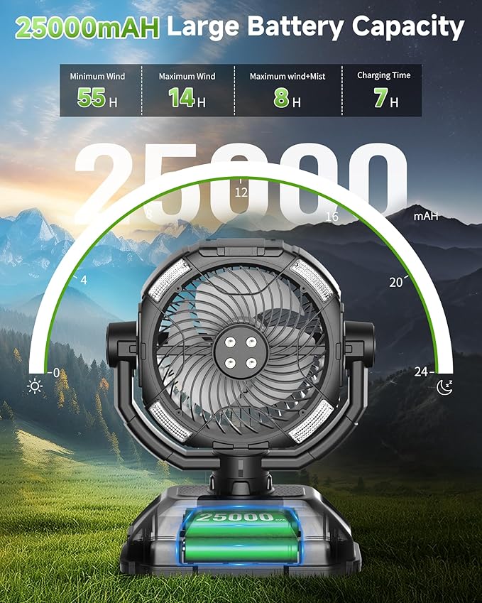 Misting fan with 7L bucket 90°Oscillating ,4 Spray Mister 25000mAh Rechargeable Camping fan with Remote Control Stepless Speed and Timer for Patios/Camping，Waterproof Design Outdoor Fans (Black)