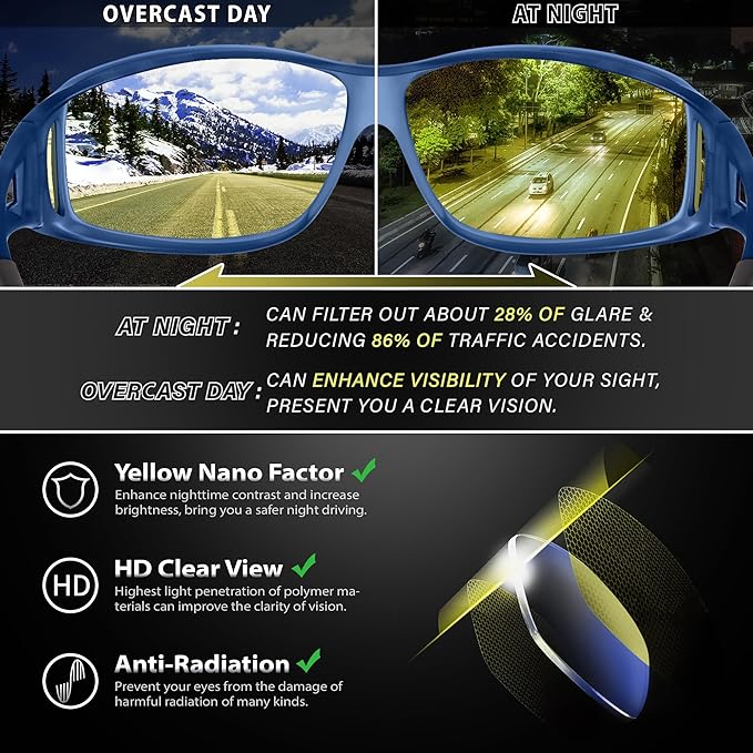 URUMQI Night Vision Driving Glasses Fit Over Eyeglasses for Men Women, Anti Glare Polarized Nighttime Glasses Yellow Lens