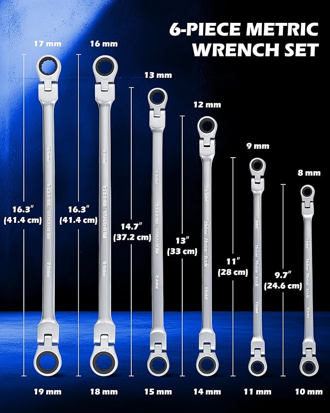 Orion Motor Tech 6-Piece Ratcheting Wrench Set, Metric 8-19 mm Flex Head Ratcheting Wrench Set, Extra Long Ratchet Wrench Set with 72 Tooth Gear & Double Box End