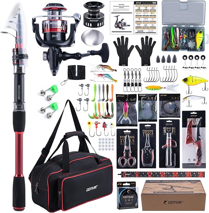 Goture Fishing Rod and Reel Combo, Red Telescopic Fishing Pole with Full Starter Kit & Carrier Bag, Portable 24T Travel Spinning Rod for Bass Trout, Freshwater Beginners Gift