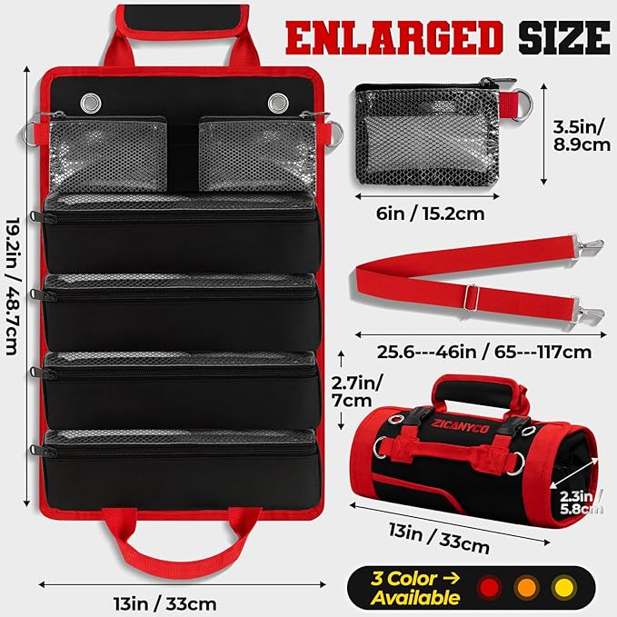Roll Up Tool Bag, Heavy Duty See-Through Tool Roll Organizer with 2 Detachable Pouches, Portable Mechanic & Motorcycle Tool Bag, Birthday & Father’s Day Gift, Red