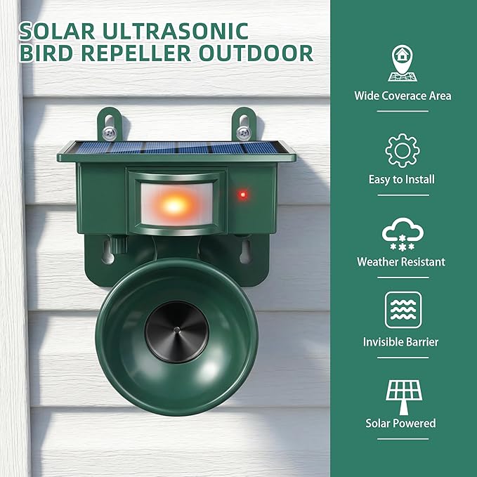 2026 Solar Ultrasonic Bird Repeller Outdoor,Woodpecker Deterrent for House,Pigeon Bird Deterrents for Outside Birds Repellent Scare Devices for Balconies Yard Garden Farm Orchard Animal Repellent