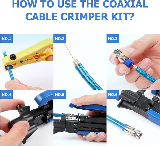 Knoweasy Coaxial Compression Tool Kit: Professional F-Type Crimper for RG6, RG59, RG11 Cables - Includes Coaxial Cable Stripper and 20 F Compression Connectors