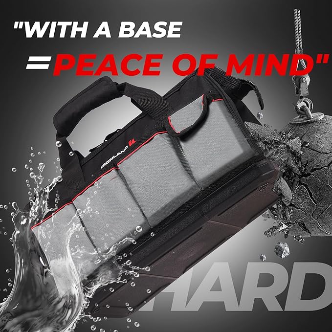 IRONLAND Hard & Sturdy Bottom Tool Bag Organizer 16.5 Inch for Men, Waterproof Heavy Duty Tool Bag with Soft Handle Large Zipper, Ideal for Mechanics Electrician Handyman Hvac, Great Gift for Dad