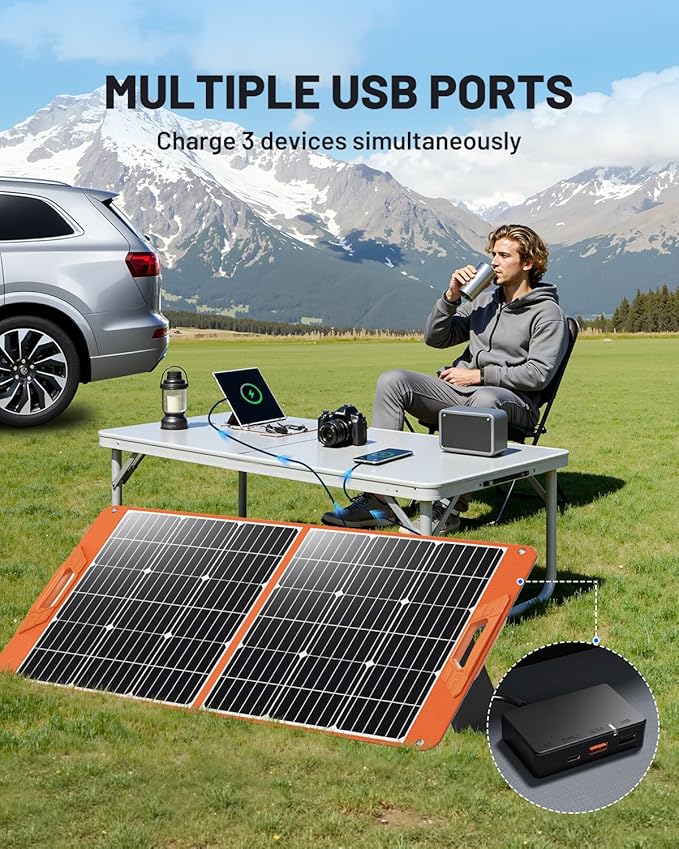 100W Portable Solar Panel for Power Station, 19.8V Foldable Solar Charger with DC/XT60/Anderson Cable & QC3.0 USB Outputs, 23% High Efficiency IP65 Waterproof 2 Kickstands for Outdoor Camping RV Trip