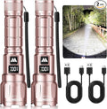 WdtPro LED Rechargeable Flashlight 2 Pack, Super Bright Zoomable 6000 Lumens Tactical Flashlight with LCD Digital Display, 3 Mode Waterproof Flash Light for Camping, Hunting & Home Emergency - Pink